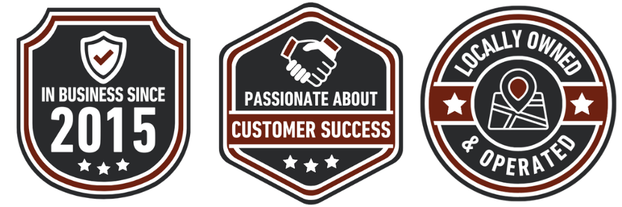 The image displays a collection of badges with various texts and symbols indicating different achievements, such as In Business Since 2015, Customer Success, Excellent Operator, Always Owned, and Quality.